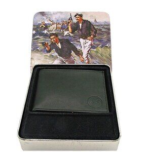 NEW Black Genuine Leather Bi-Fold Wallet Card Slots 4x3" Original Tin Case Gift